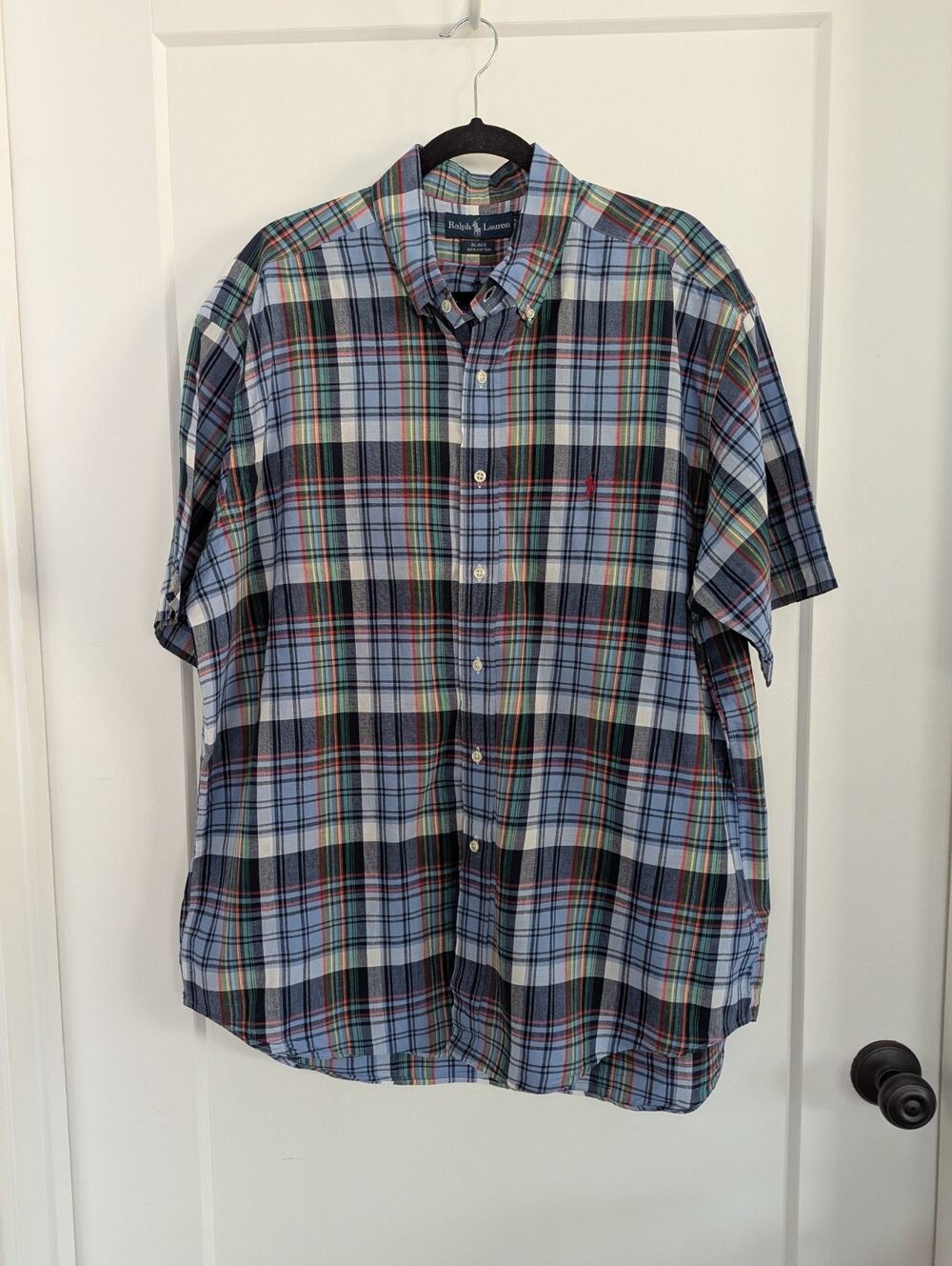 Ralph Lauren Blake Mens XL Blue Plaid Short Sleeve Button Down Shirt Cotton